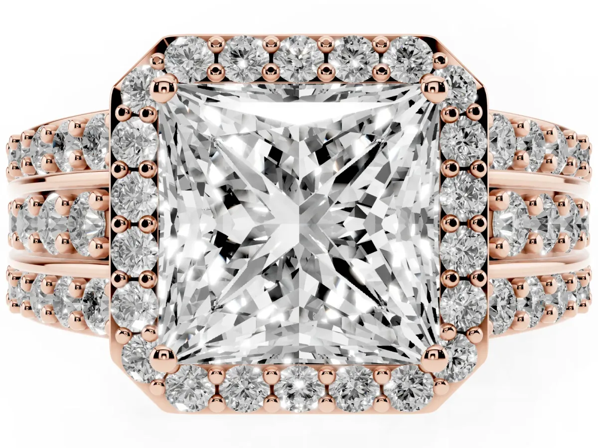 Princess Cut Halo Diamond Ring with Round Split Shank and Prong Setting Rose gold