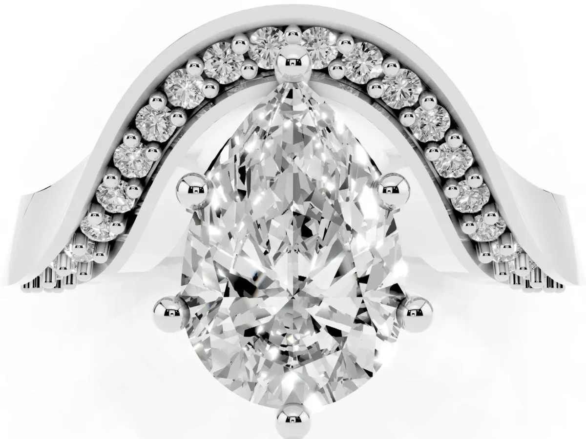 Pear Cut Solitaire Diamond Engagement Ring with Pave Band and Four-Prong Setting White gold