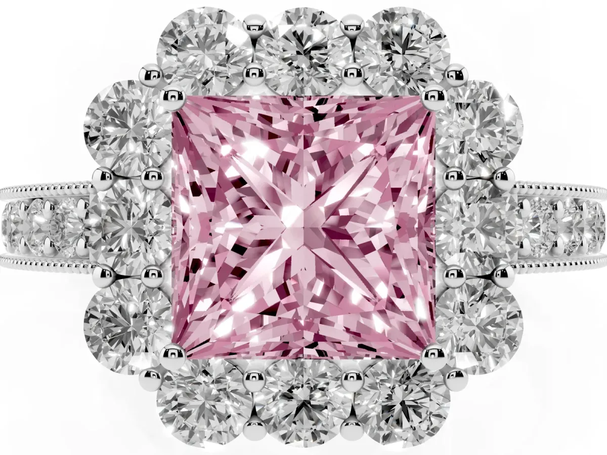 Fancy Pink Princess Cut Cut Halo Diamond Pavé Engagement Ring with Milgrain Detailing White gold