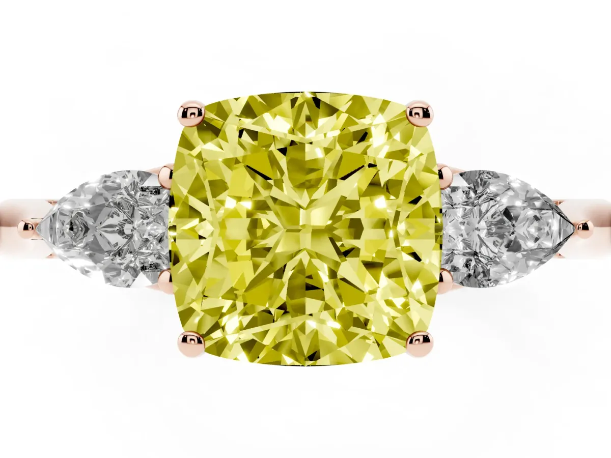 Fancy Yellow Three-Stone Cushion Cut Brilliant Diamond Solitaire Ring with Tapered Band and Four-Prong Setting Rose gold