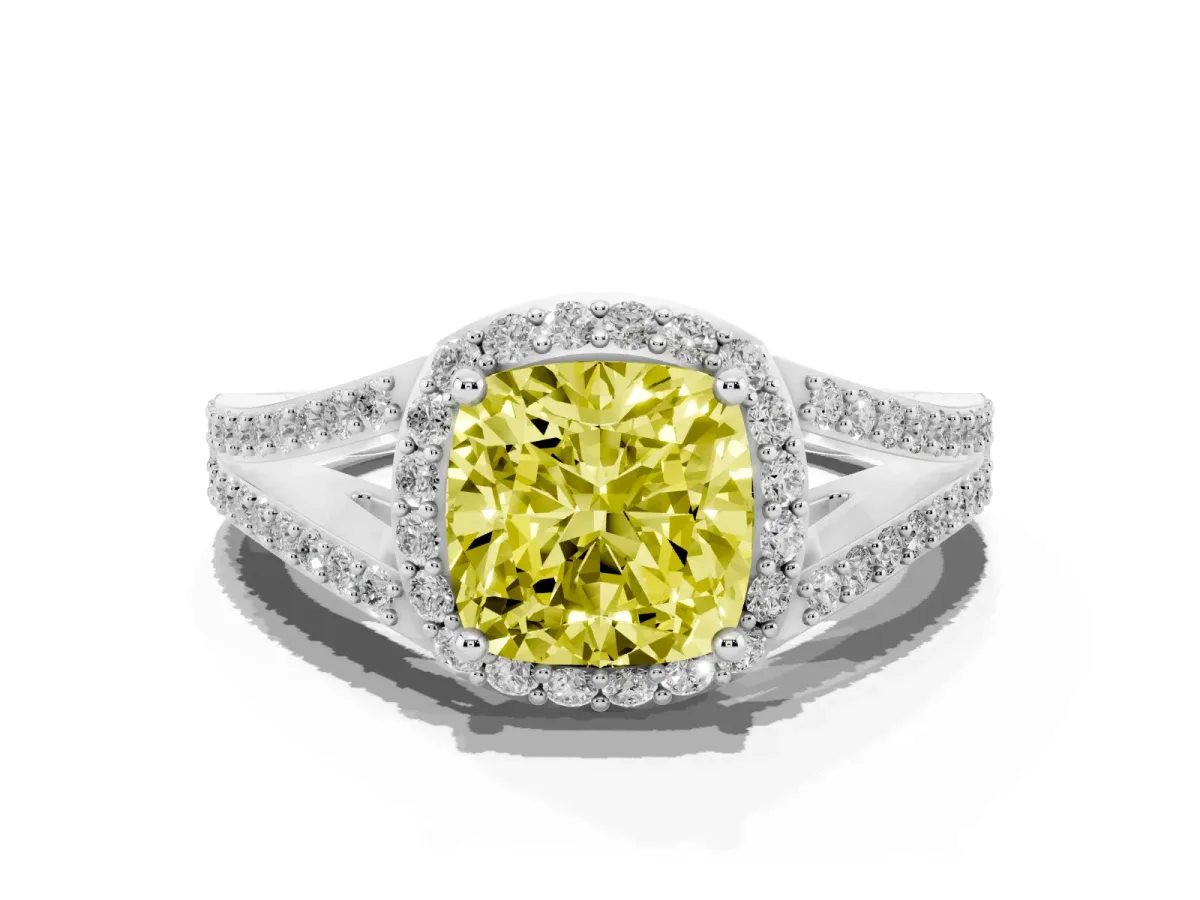 Fancy Yellow Cushion Cut Halo Split Shank Diamond Ring with Prong Setting Silver