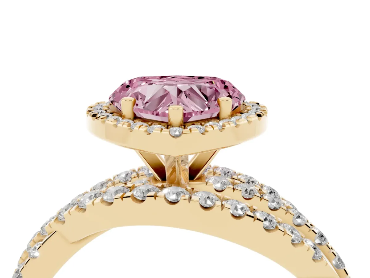 Fancy Pink Heart Cut Diamond Halo Ring with Round Split Shank and Prong Setting Yellow gold
