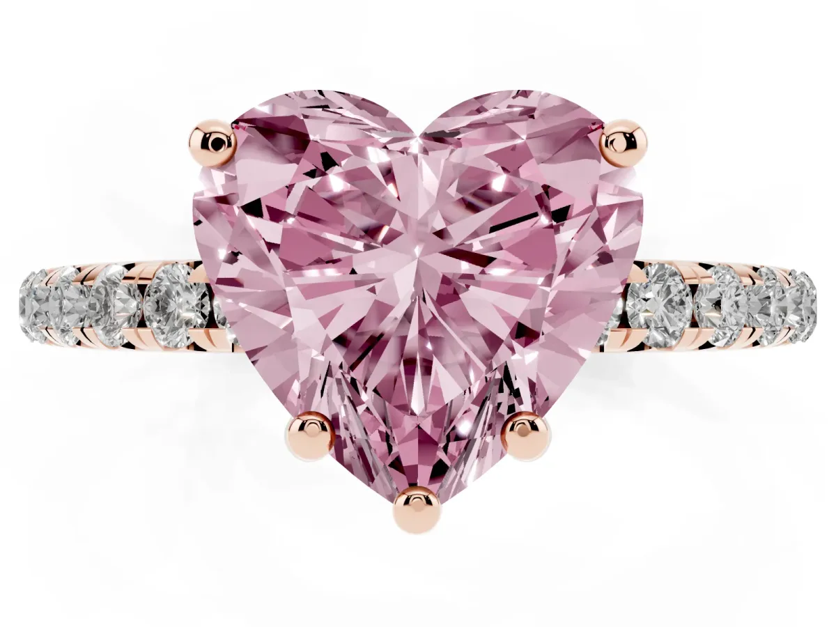 Fancy Pink Heart Cut Cut Diamond Solitaire Ring with Micro Pave Band and Four Prong Setting Rose gold