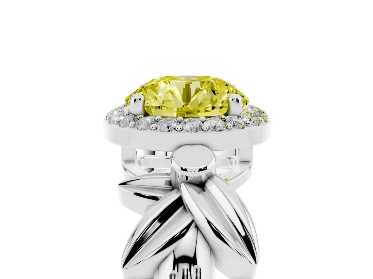 Fancy Yellow Round Cut Halo Diamond Floral Band with Four-Prong Setting White gold