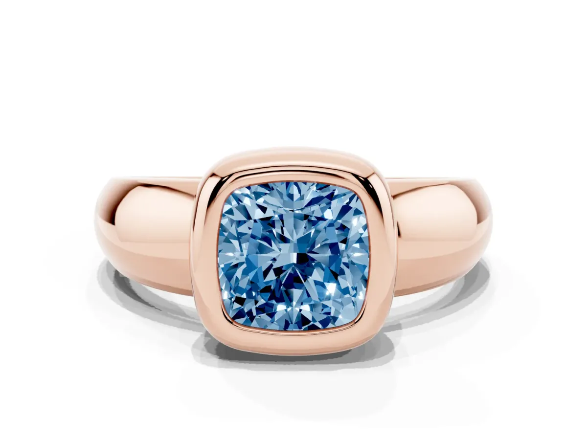 Fancy Blue Bezel Set Cushion Cut Solitaire Ring with Wide Band Rose gold