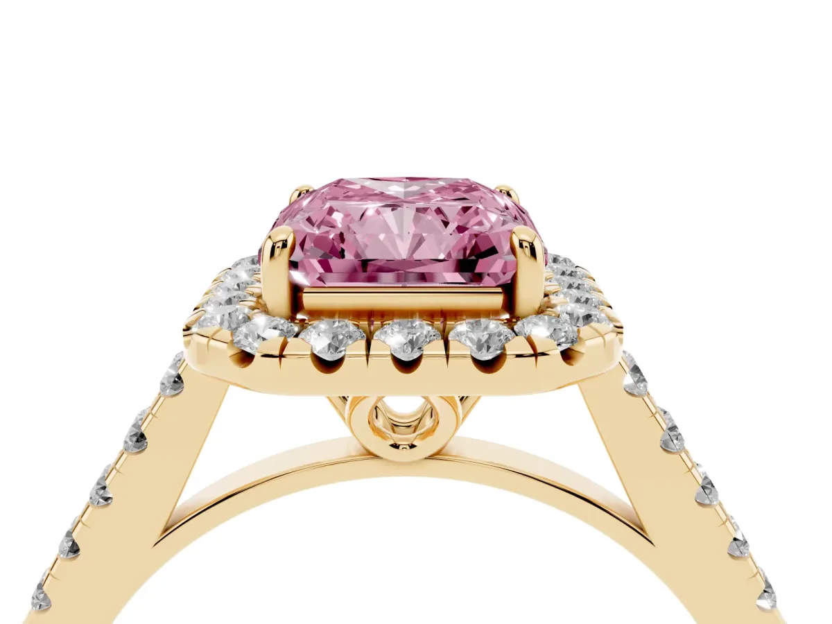 Fancy Pink Radiant Cut Halo Pavé Diamond Engagement Ring with Four-Prong Setting Yellow gold
