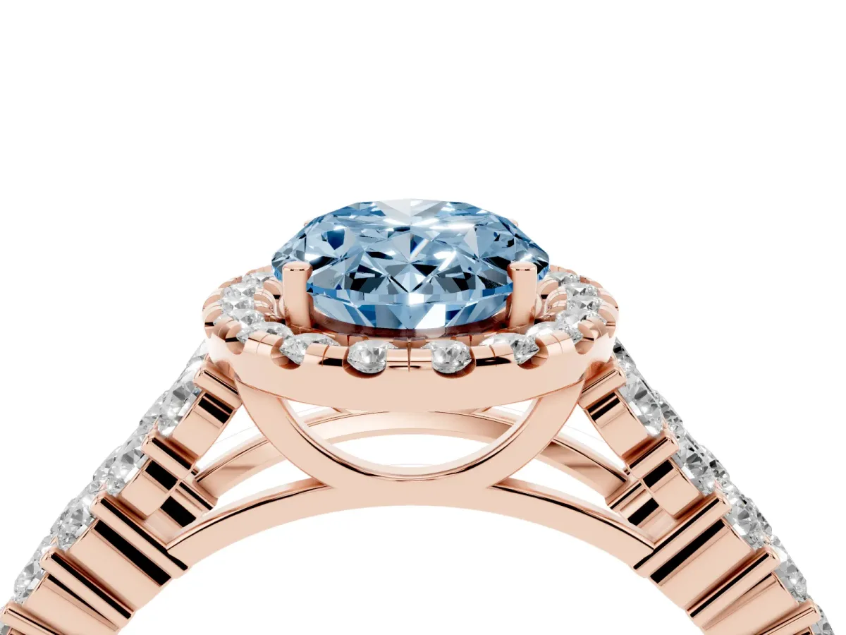 Fancy Blue Oval Cut Diamond Halo Engagement Ring with Triple Row Round Pavé Band and Prong Setting Rose gold