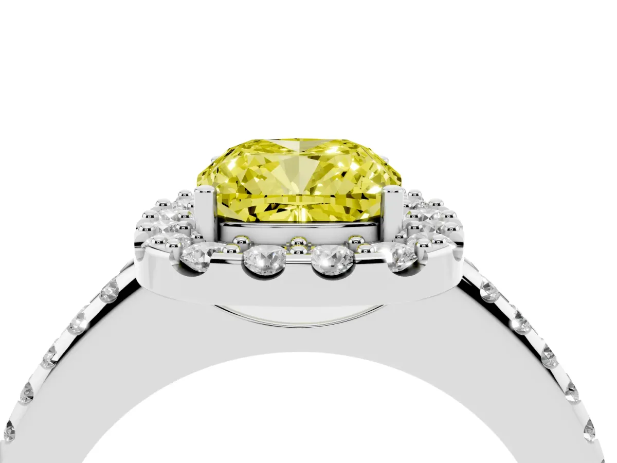 Fancy Yellow Cushion Cut Diamond Pavé Halo Ring with Four-Prong Setting Silver