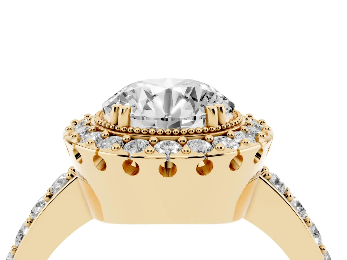 Round Cut Diamond Halo Ring with Pavé Band and Prong Setting Yellow gold