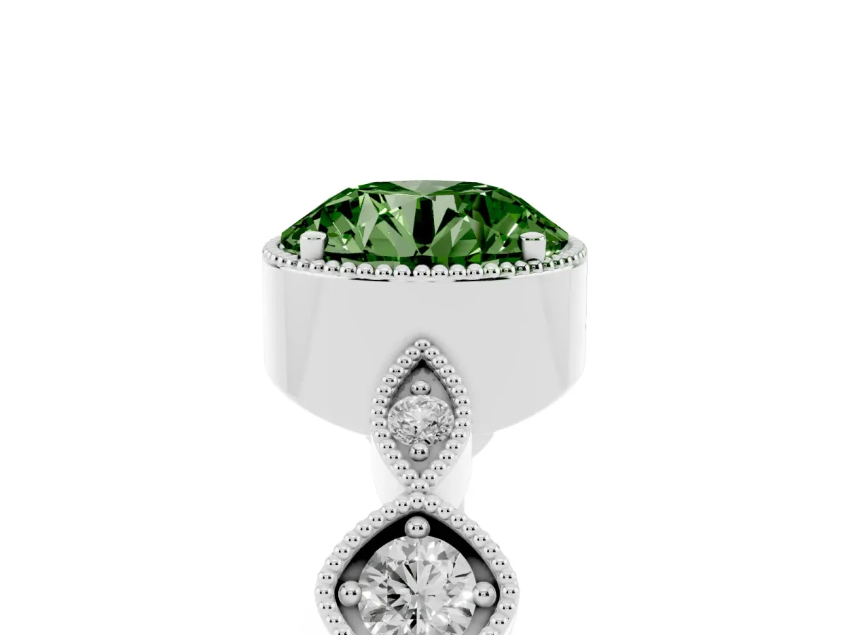 Fancy Green Round Cut Diamond Vintage Milgrain Ring with Round Stations Silver