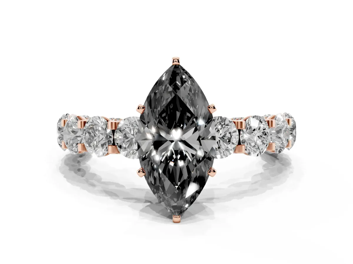 Fancy Black Marquise Cut Diamond Side Stone Engagement Ring with Four-Prong Setting Rose gold