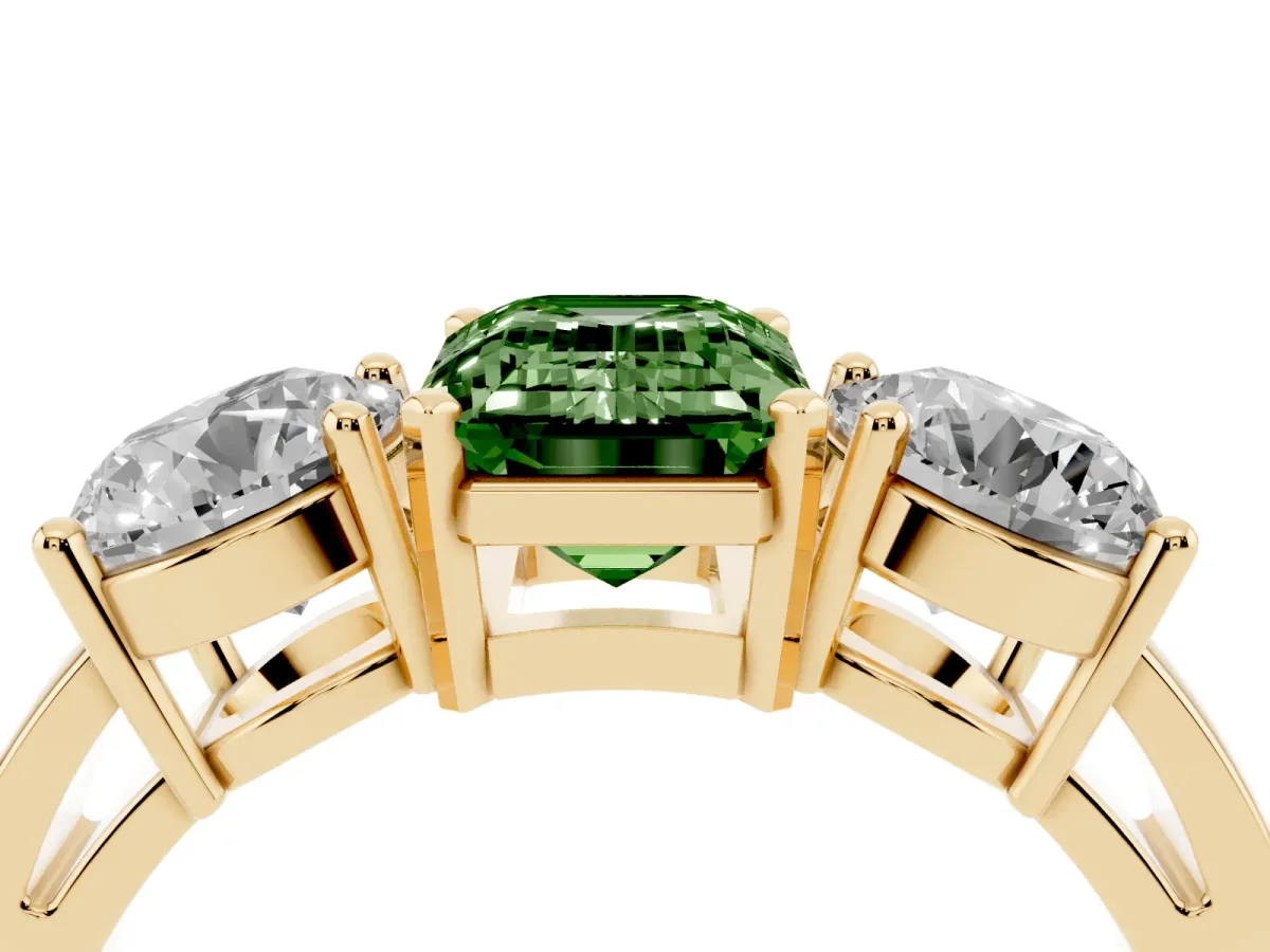 Fancy Green Three-Stone Emerald Cut Diamond Ring with Round Side Stones, Classic Band, and Four-Prong Setting Yellow gold