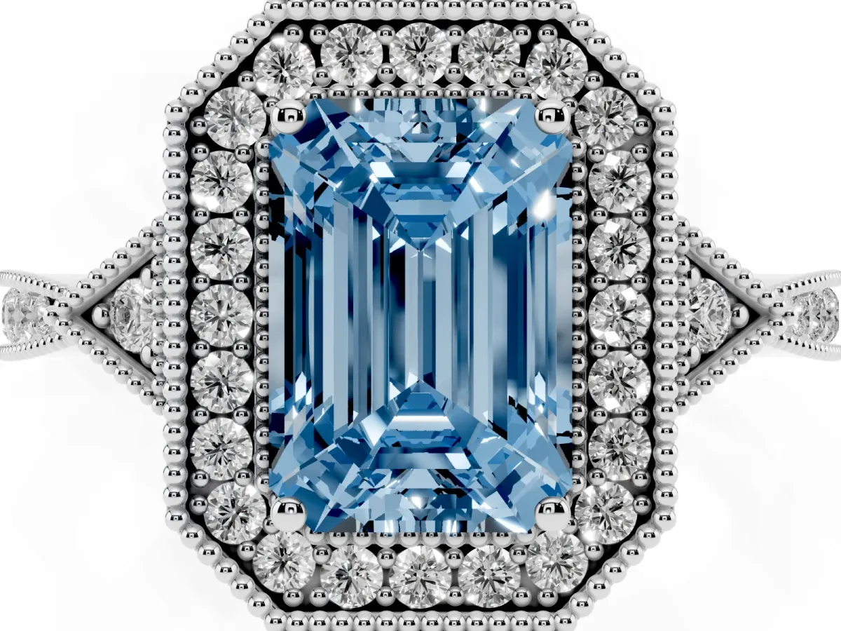 Fancy Blue Emerald Cut Halo Round Diamond Milgrain Pave Engagement Ring Silver