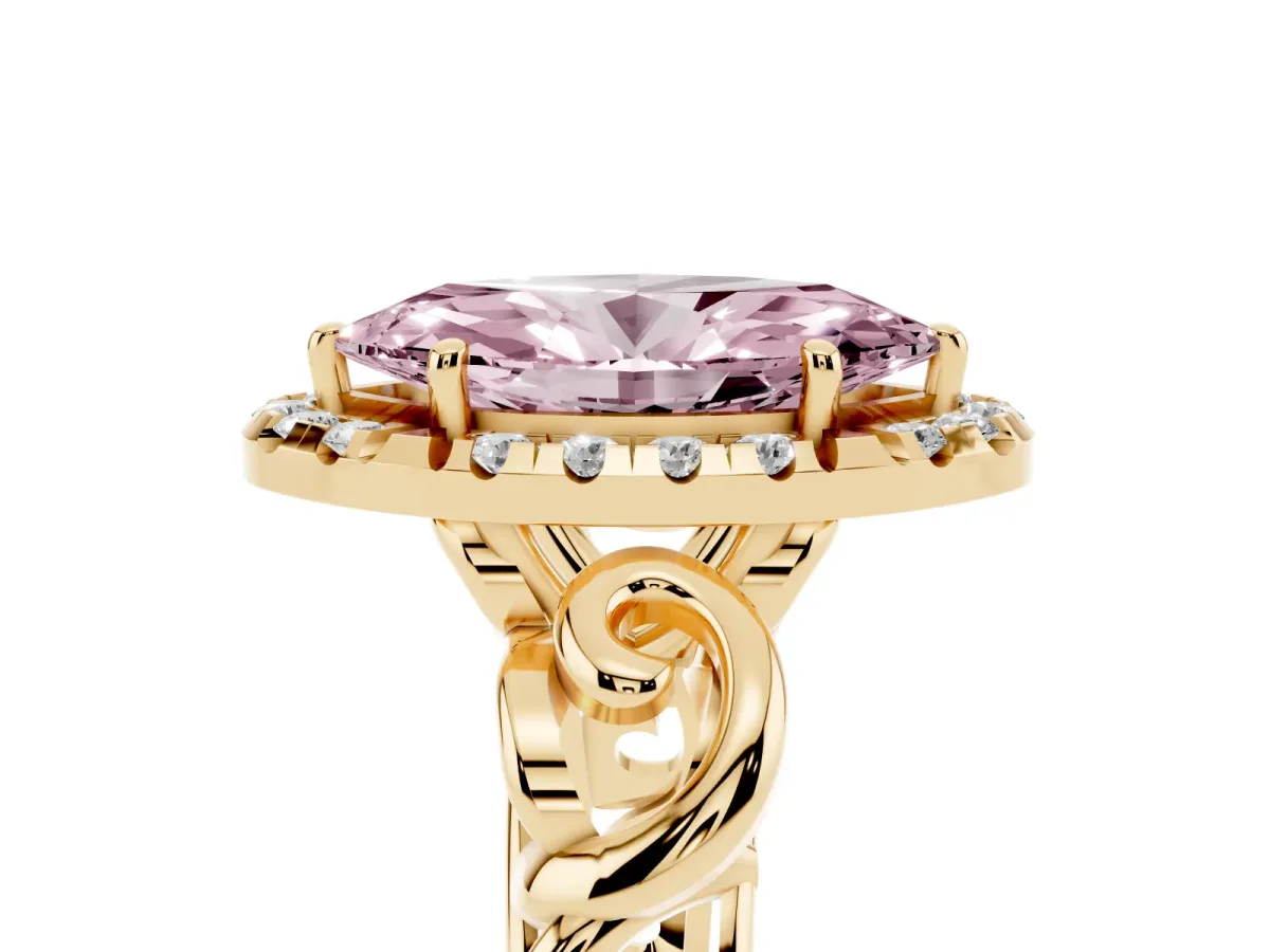 Fancy Pink Marquise Cut Cut Halo Diamond Ring with Scrollwork Band and Four-Prong Setting Yellow gold
