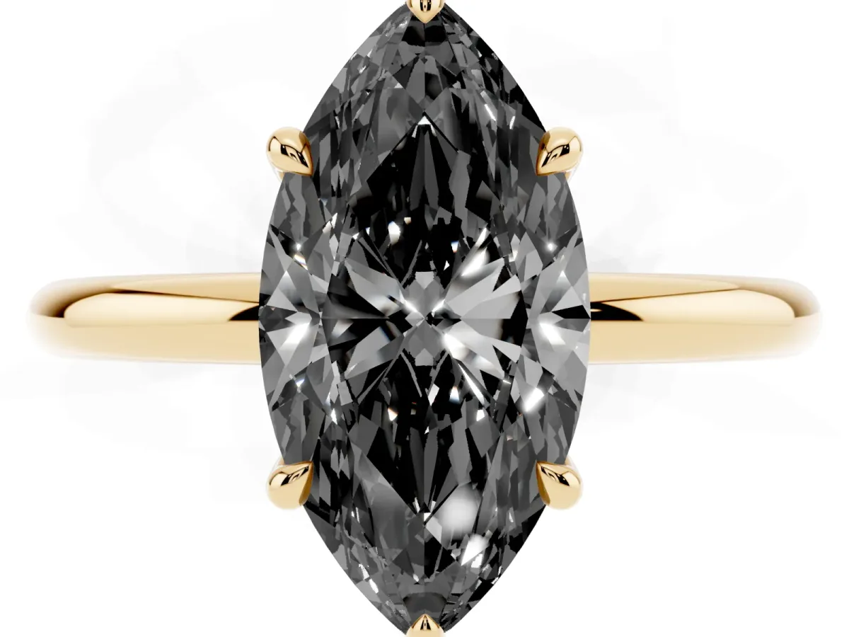 Fancy Black Marquise Cut Diamond Solitaire Ring with Thin Band and Four-Prong Setting Yellow gold