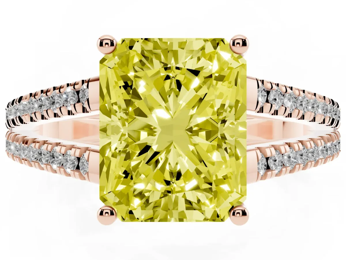 Fancy Yellow Radiant Cut Diamond Solitaire Engagement Ring with Split Shank Pavé Band Rose gold