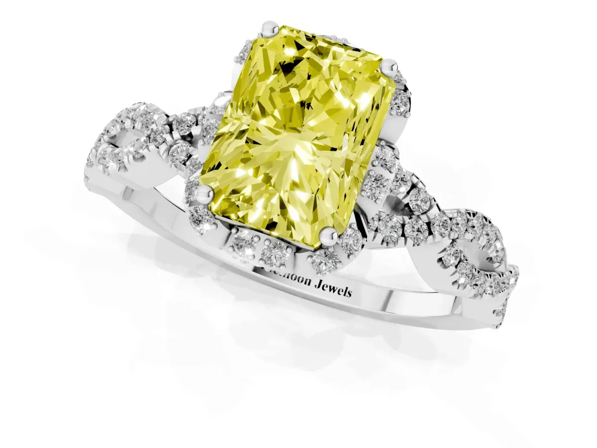 Fancy Yellow Radiant Cut Halo Twist Band Solitaire Ring with Six-Prong Setting Platinum