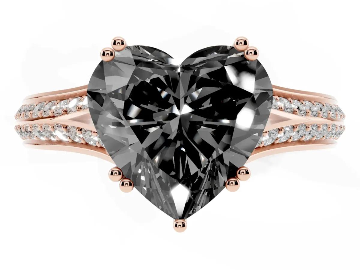Fancy Black Heart Cut Diamond Split Shank Engagement Ring with Pavé Band Rose gold