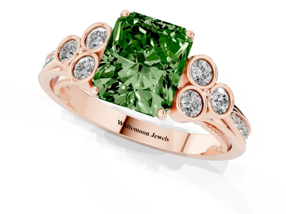 Fancy Green Radiant Cut Cut Diamond Engagement Ring with Bezel Set Round Side Stones and Prong Setting Rose gold