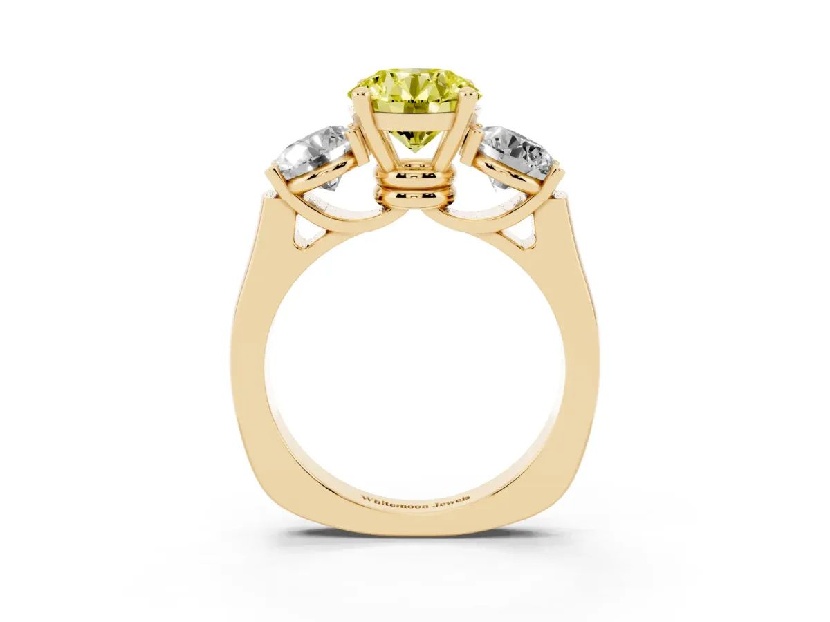 Fancy Yellow Three-Stone Round Cut Brilliant Diamond Trellis Ring with Comfort Fit Band Yellow gold