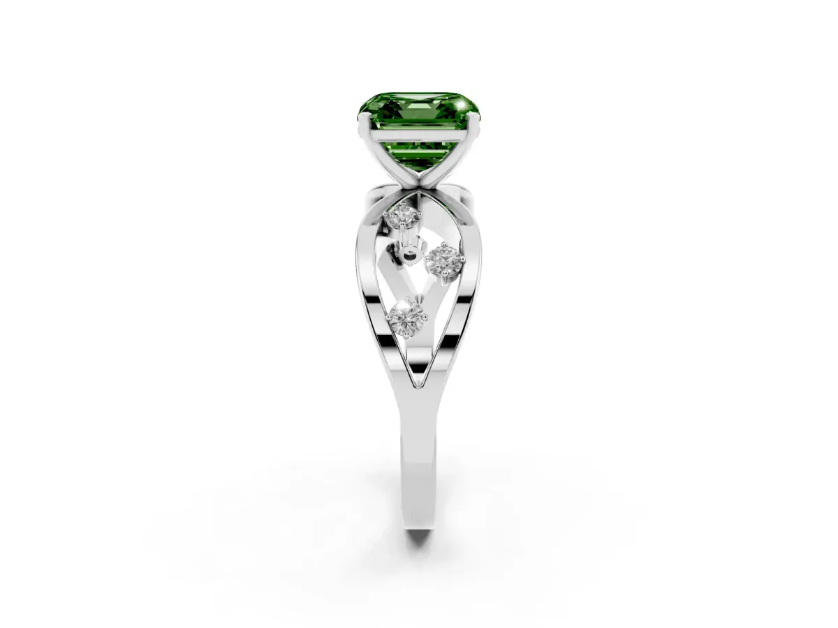 Fancy Green Asscher Cut Cut Solitaire Diamond with Side Stones on Criss-Cross Band and Four-Prong Setting Silver