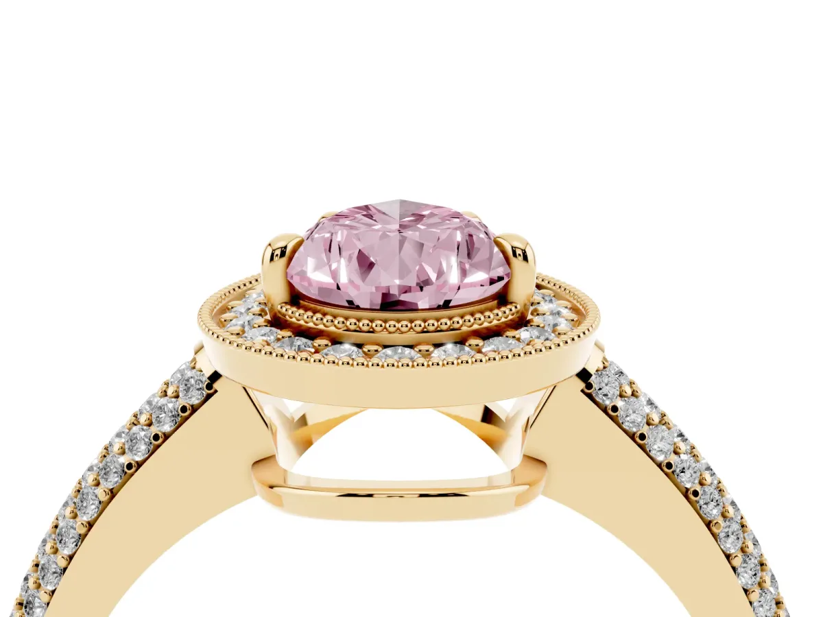 Fancy Pink Pear Cut Cut Halo Diamond Pave Band with Four-Prong Setting Yellow gold