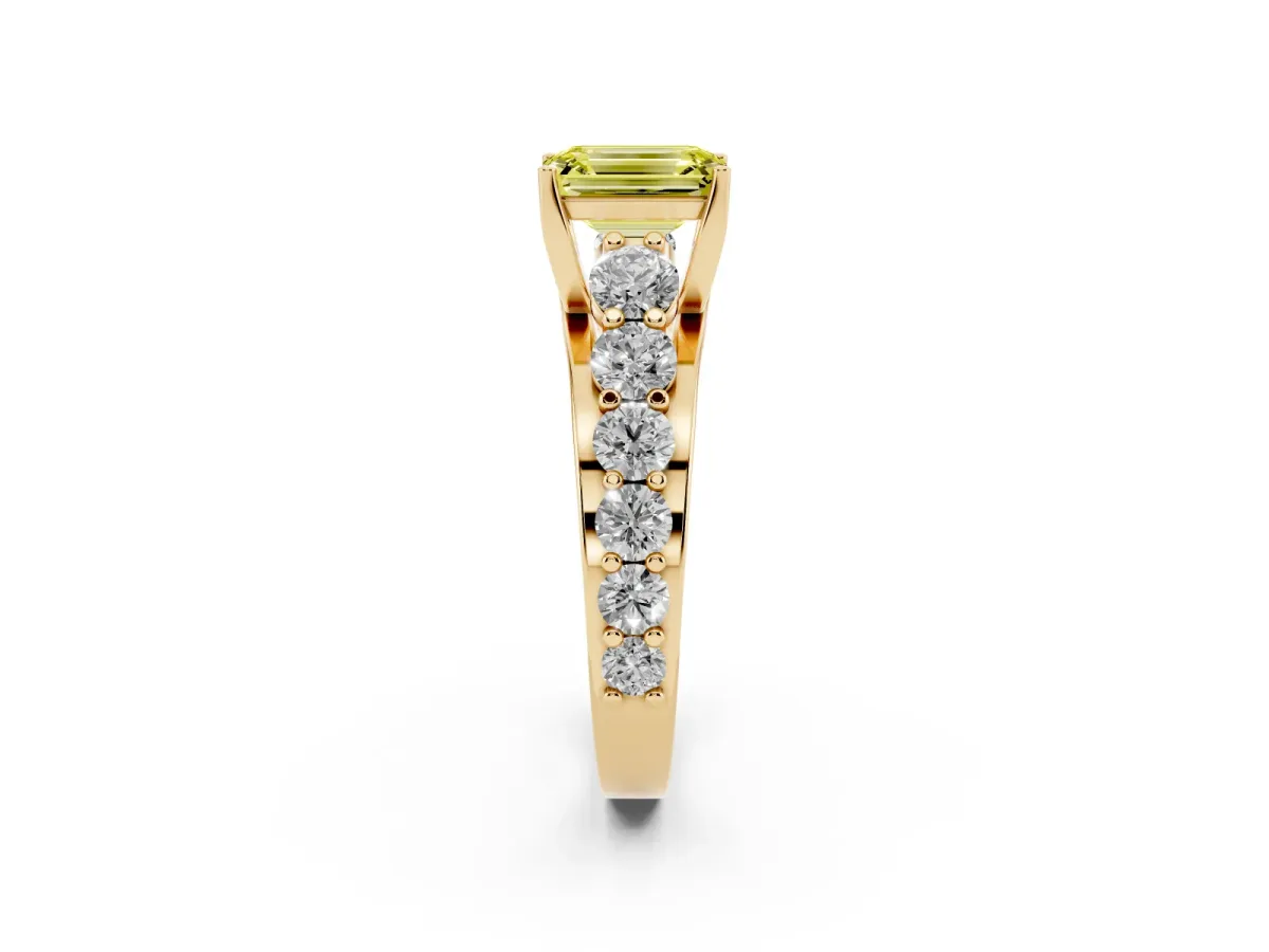 Fancy Yellow Emerald Cut Diamond Engagement Ring with Pavé Band and Four-Prong Setting Yellow gold