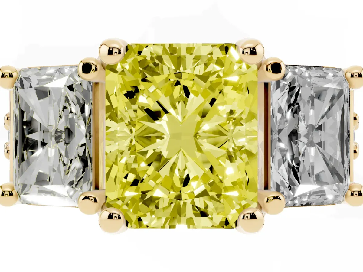 Fancy Yellow Radiant Cut Diamond Three-Stone Ring with Channel Set Band and Four-Prong Setting Yellow gold