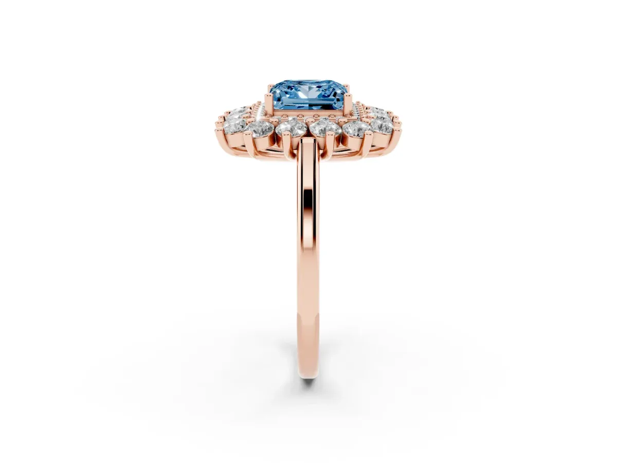 Fancy Blue Princess Cut Diamond Floral Double Halo Engagement Ring with Prong Setting Rose gold