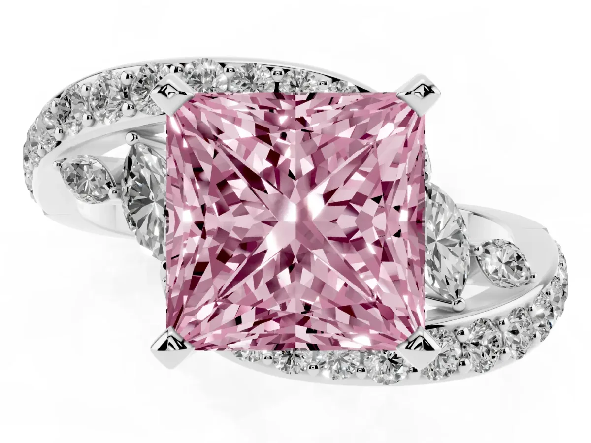 Fancy Pink Princess Cut Solitaire with Pavé Twist Band and Four-Prong Setting Silver