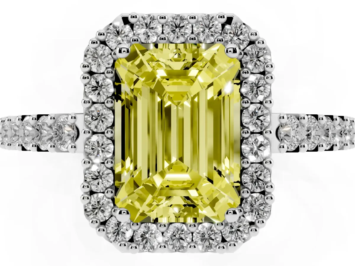 Fancy Yellow Emerald Cut Halo Diamond Pavé Solitaire Ring Silver