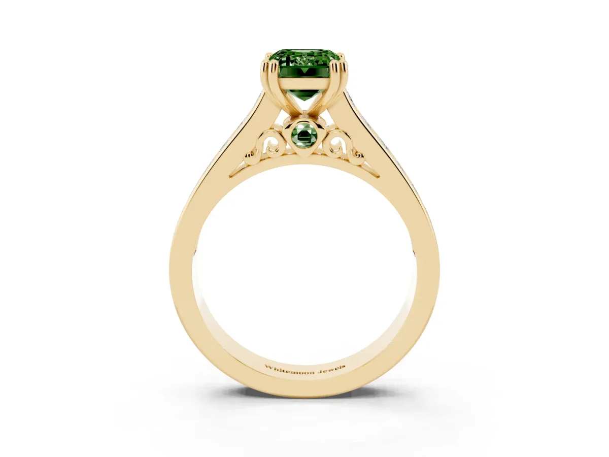 Fancy Green Emerald Cut Cut Channel Set Solitaire Engagement Ring with Prong Setting Yellow gold