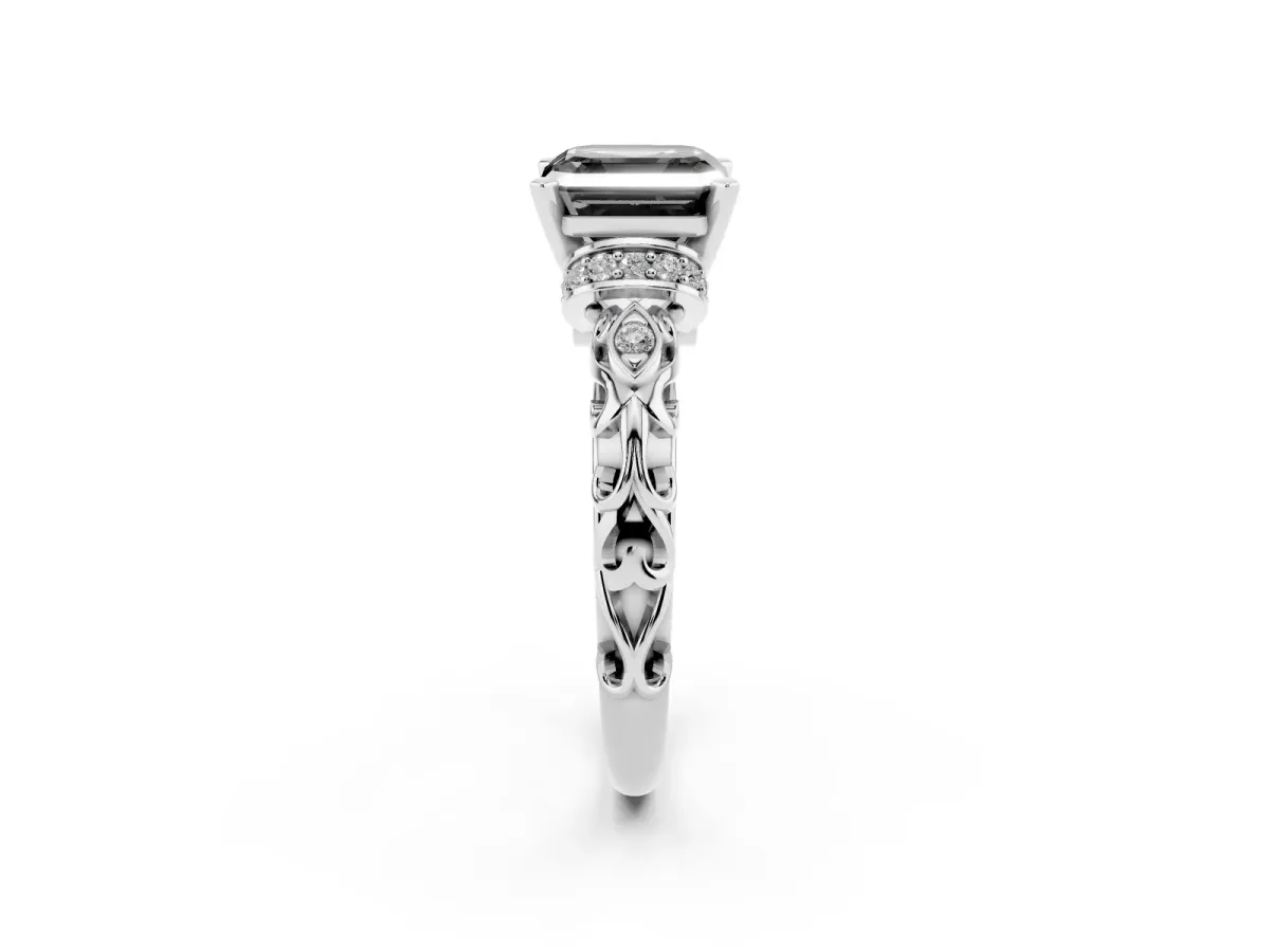Fancy Black Asscher Cut Diamond Solitaire Ring with Filigree Band and Four-Prong Setting Silver