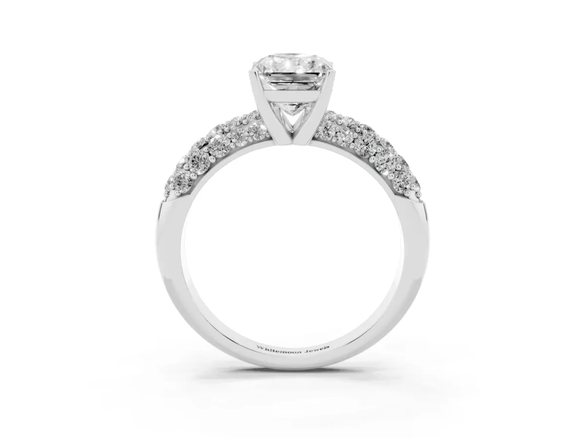 Radiant Cut Diamond Pavé Band Solitaire Ring with Four-Prong Setting Silver