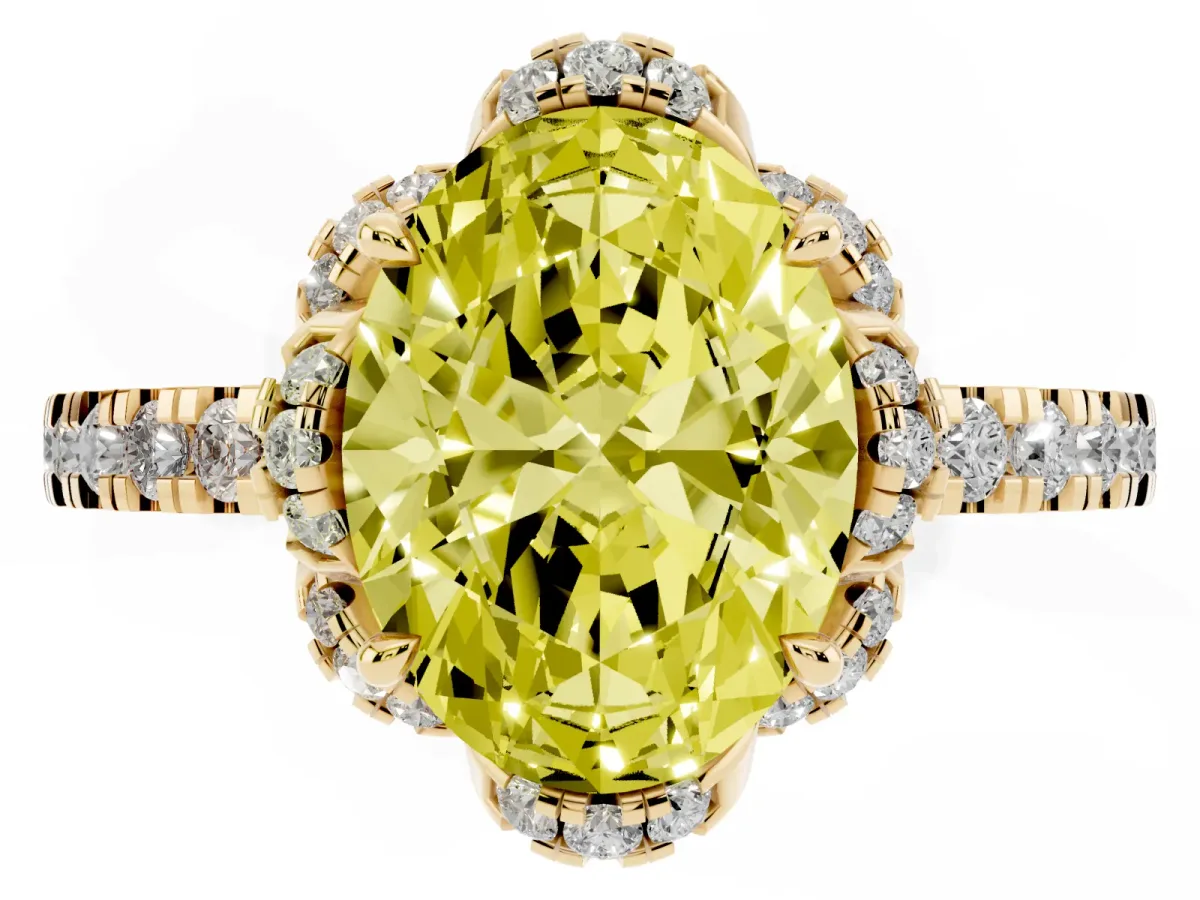 Fancy Yellow Oval Cut Halo Diamond Pave Band Ring with Four-Prong Setting Yellow gold