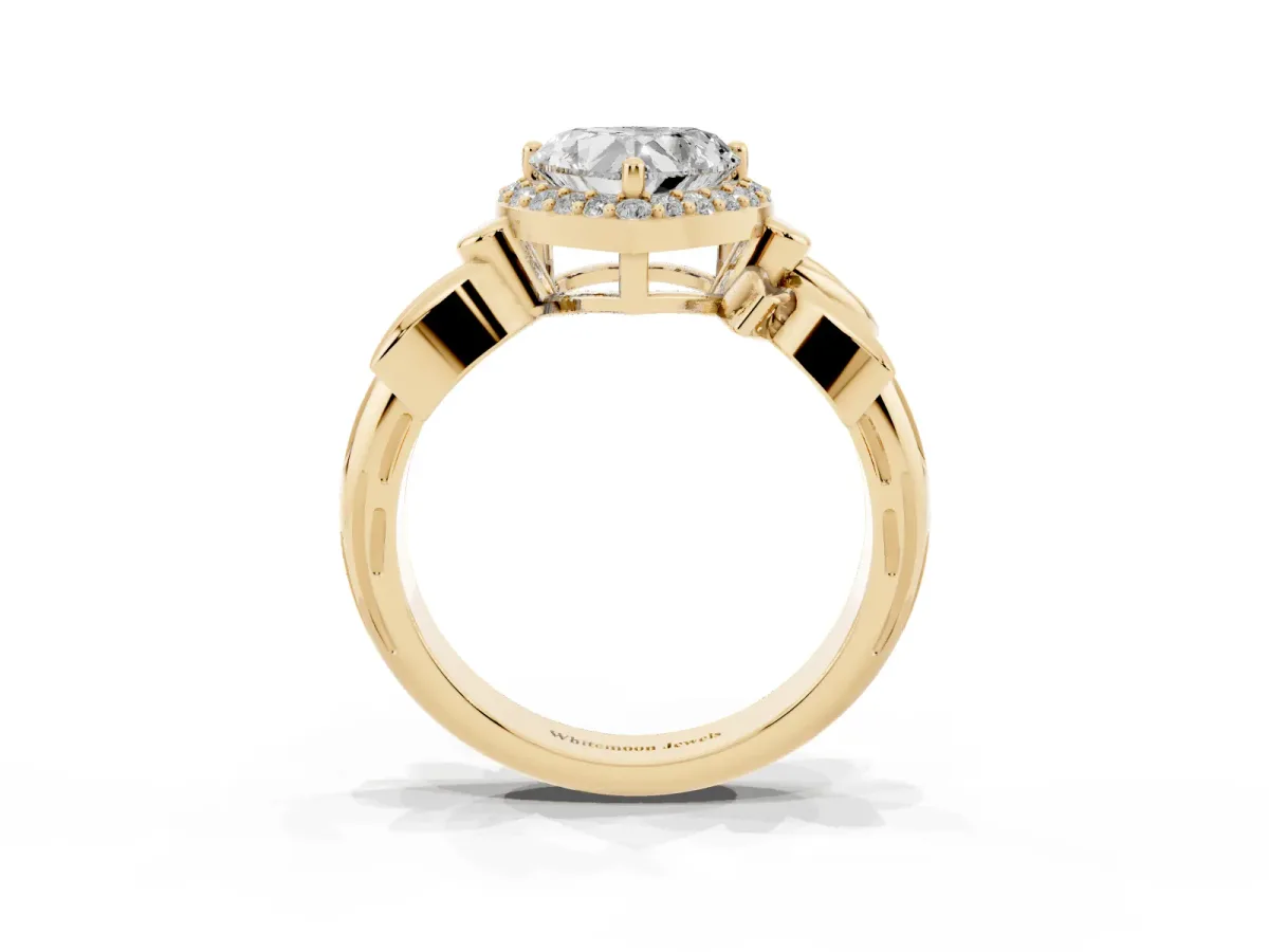 Heart Cut Halo Diamond Floral Band with Four-Prong Setting Yellow gold