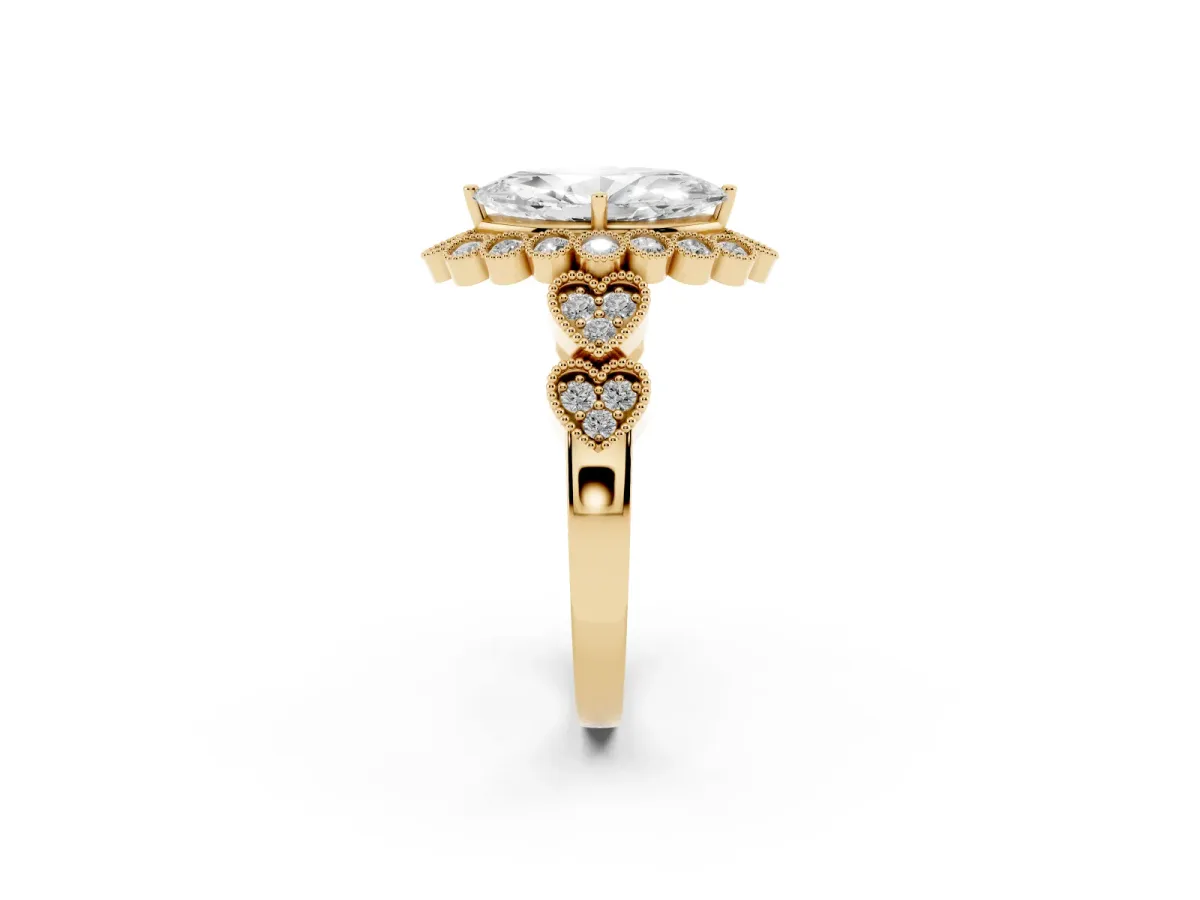 Marquise Cut Brilliant Milgrain Pave Heart Band Solitaire Ring Yellow gold