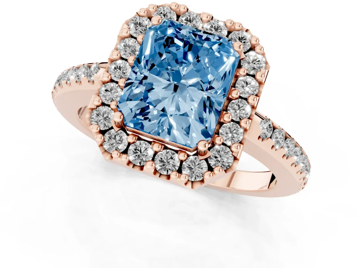 Fancy Blue Radiant Cut Diamond Pavé Halo Ring with Four-Prong Setting Rose gold
