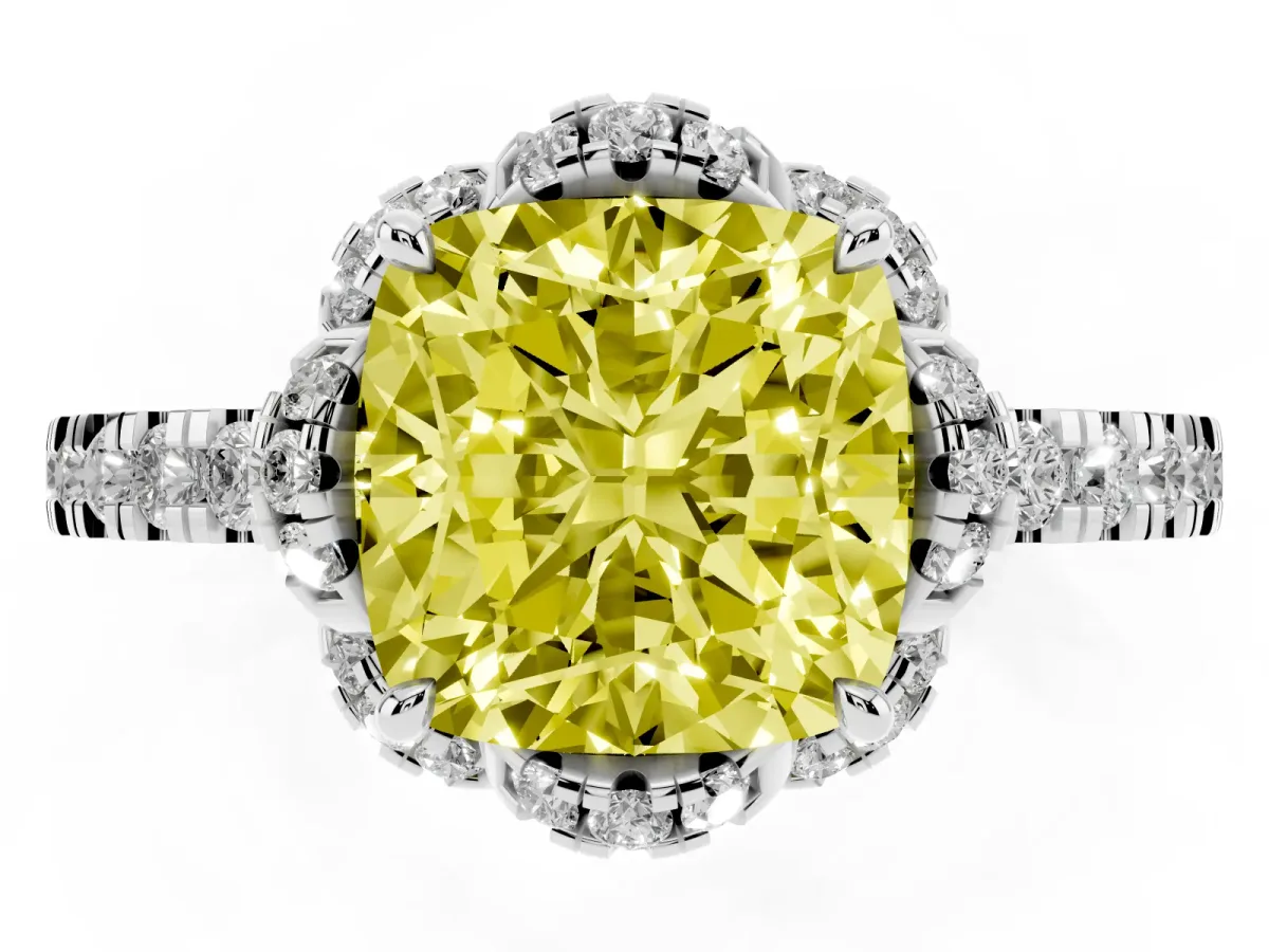 Fancy Yellow Cushion Cut Halo Diamond Pave Band Ring with Four-Prong Setting Silver