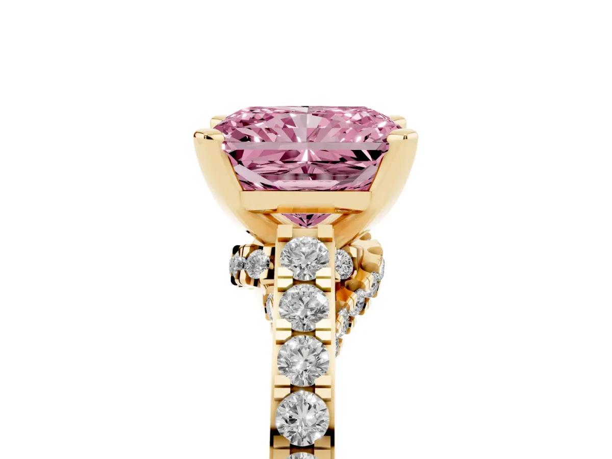 Fancy Pink Radiant Cut Diamond Solitaire Ring with Crossover Gallery and Round Pavé Band Yellow gold