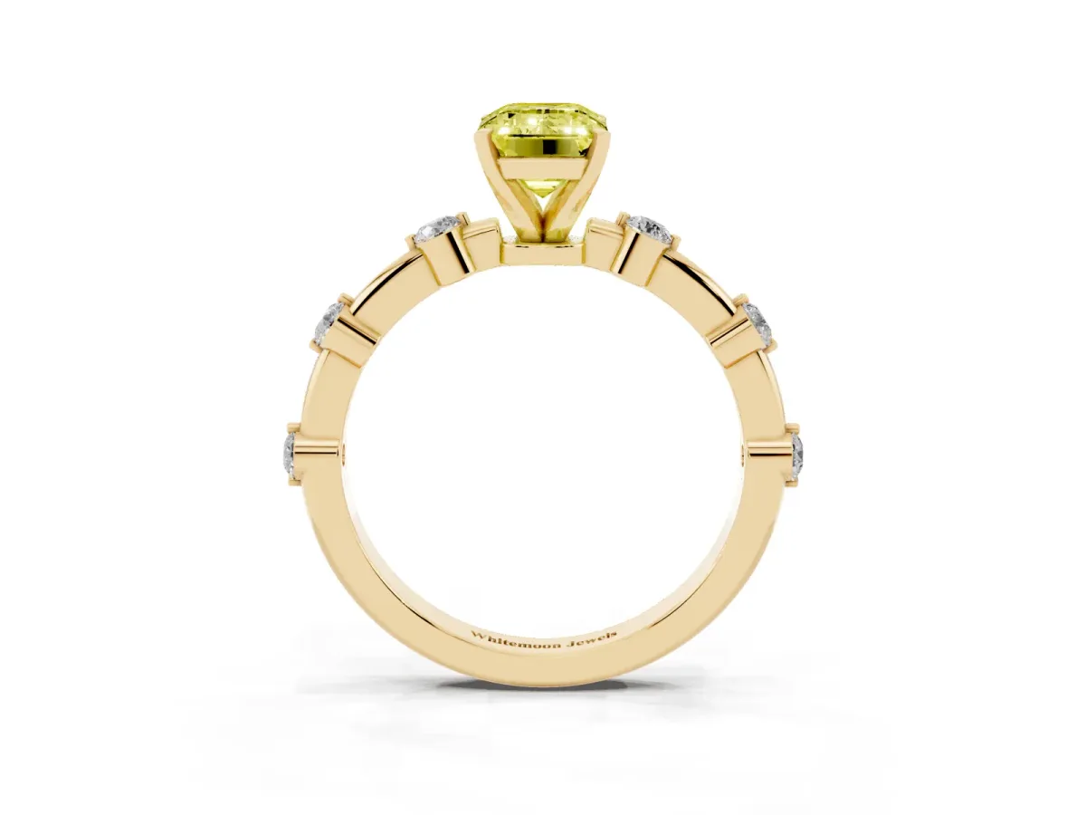 Fancy Yellow Emerald Cut Solitaire Diamond Ring with Bezel Set Side Stones and Prong Setting Yellow gold