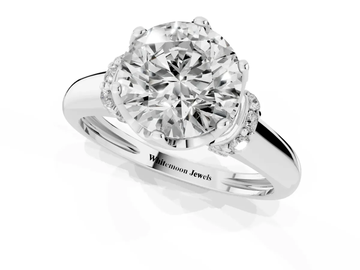 Round Cut Brilliant Solitaire Cathedral Engagement Ring with Pave Accents Silver