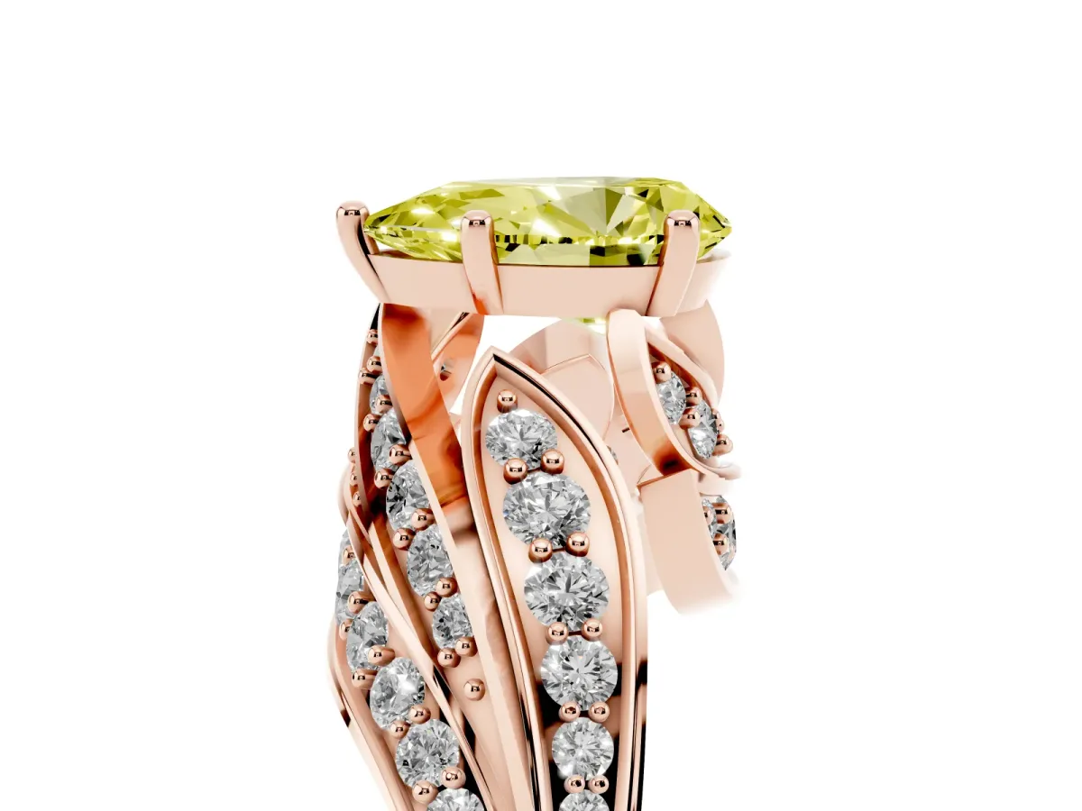 Fancy Yellow Pear Cut Diamond Solitaire Ring with Prong Setting and Twisted Pavé Band Rose gold