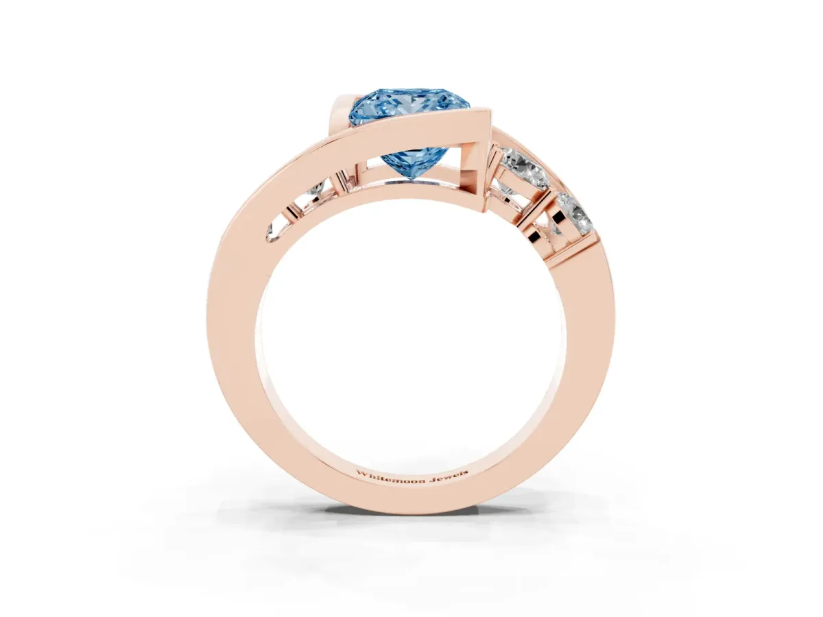 Fancy Blue Bezel Set Princess Cut Diamond Bypass Ring with Round Accents Rose gold