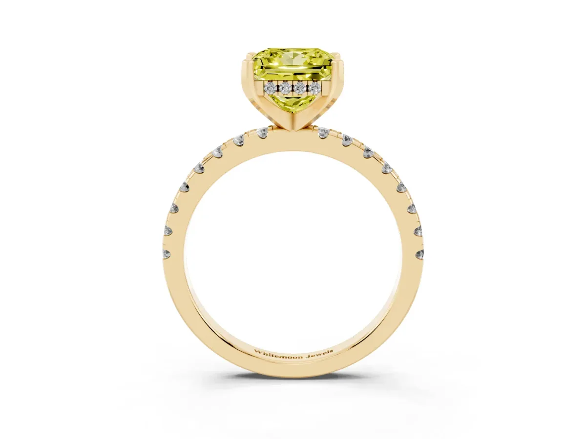 Fancy Yellow Princess Cut Diamond Solitaire Ring with Round Pavé Band and Four-Prong Setting Yellow gold
