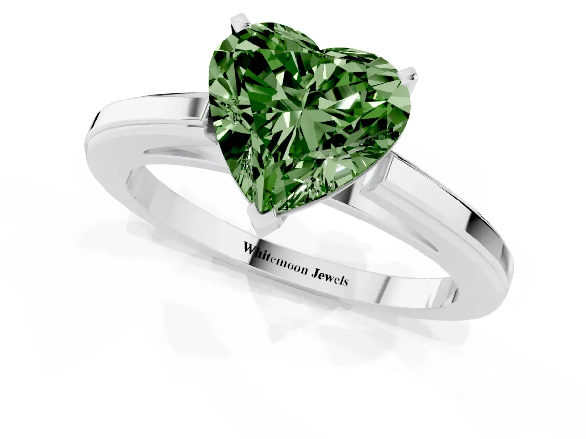 Fancy Green Heart Cut Solitaire Diamond Ring with Four-Prong Setting and Classic Band Silver