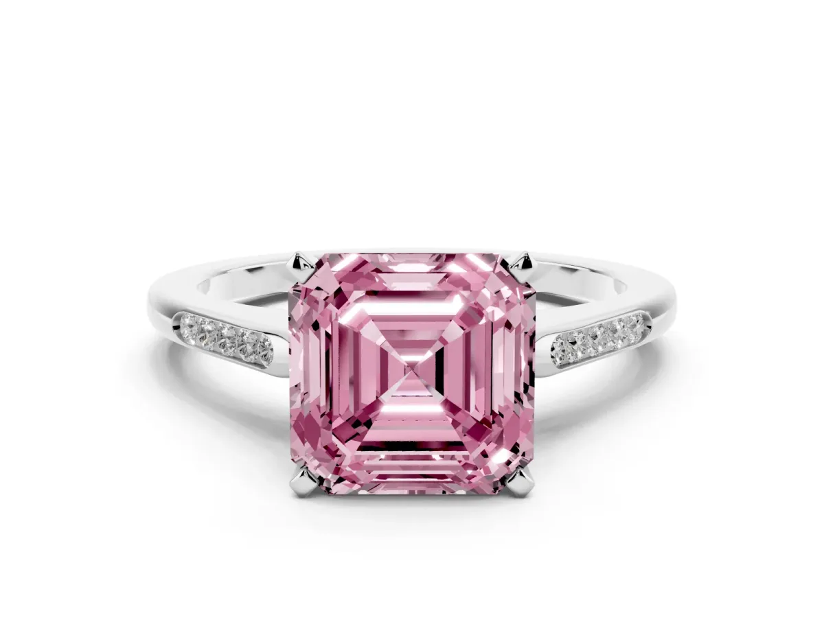 Fancy Pink Asscher Cut Diamond Solitaire Ring with Channel Set Round Band and Prong Setting Silver