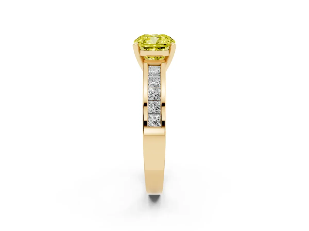 Fancy Yellow Cushion Cut Solitaire Diamond Ring with Channel-Set Band and Four-Prong Setting Yellow gold