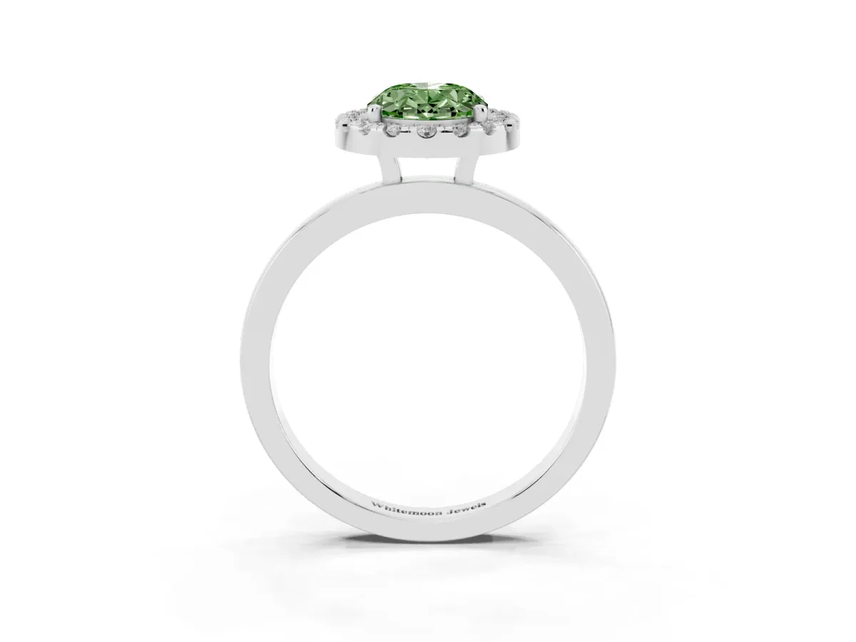 Fancy Green Oval Cut Halo Diamond Solitaire with Pavé Band and Four-Prong Setting White gold