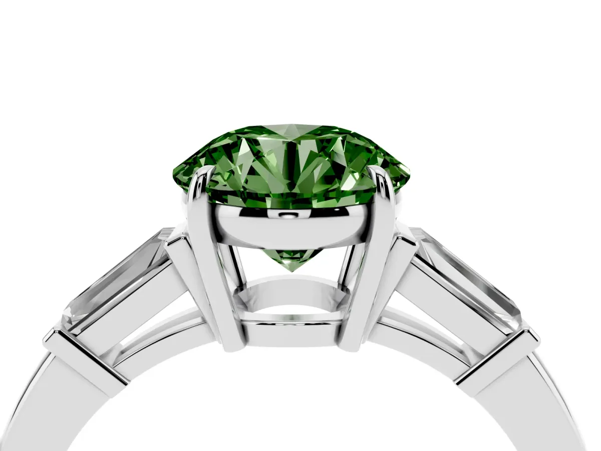 Fancy Green Round Cut Diamond Three-Stone Ring with Tapered Baguette Side Stones and Prong Setting Silver
